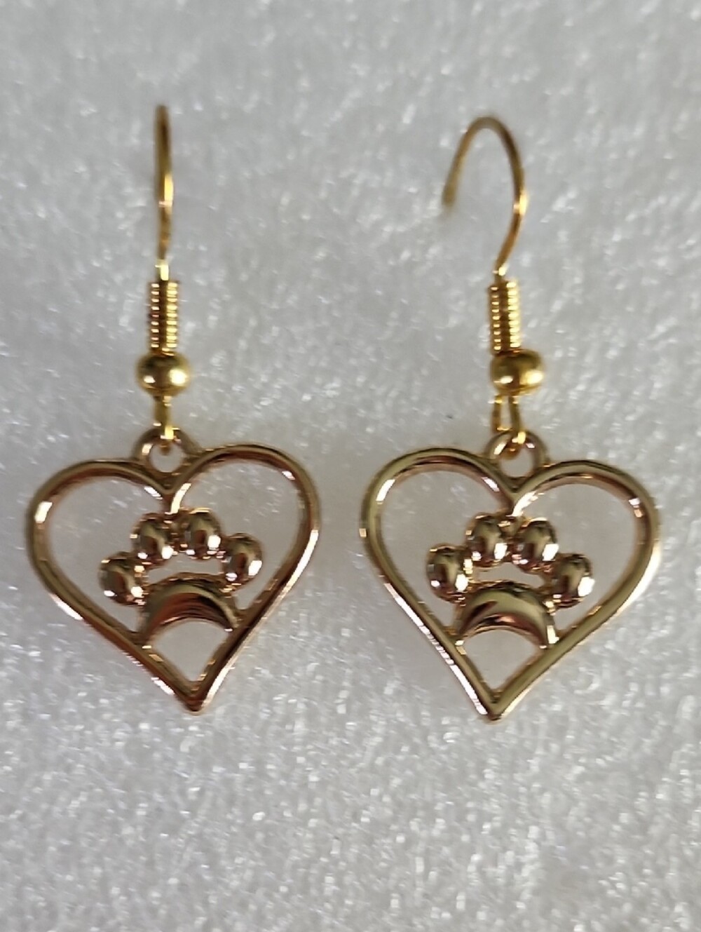 Hand Crafted Gold Heart Paw Drop Earrings